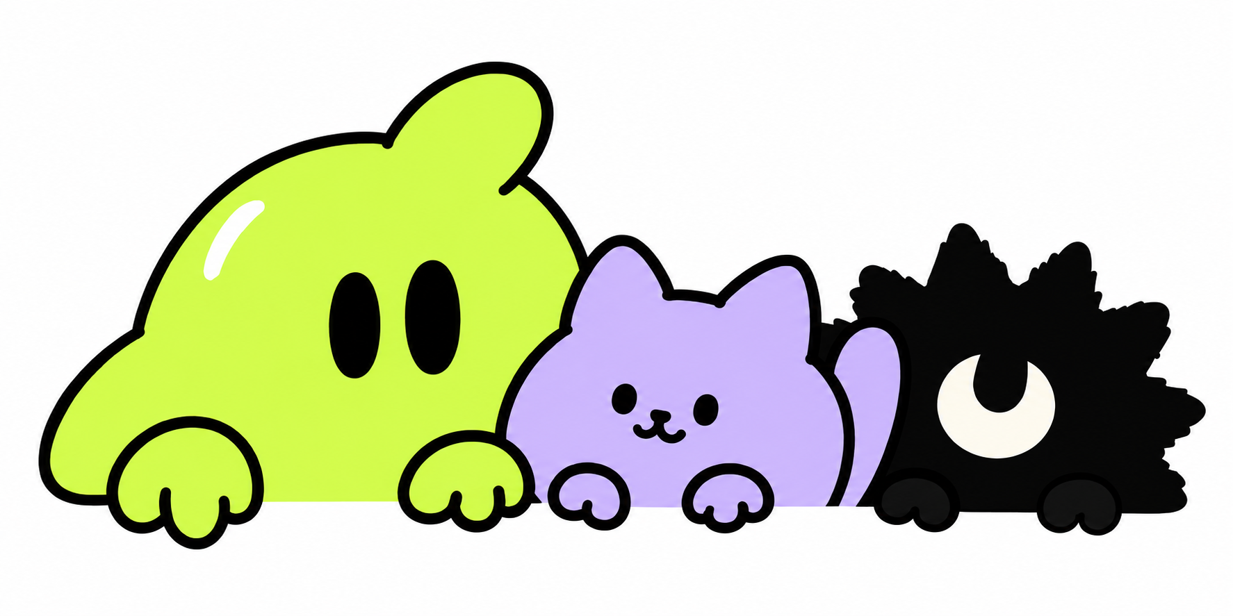 A lime blob, a lavender cat and a black spiky companion
